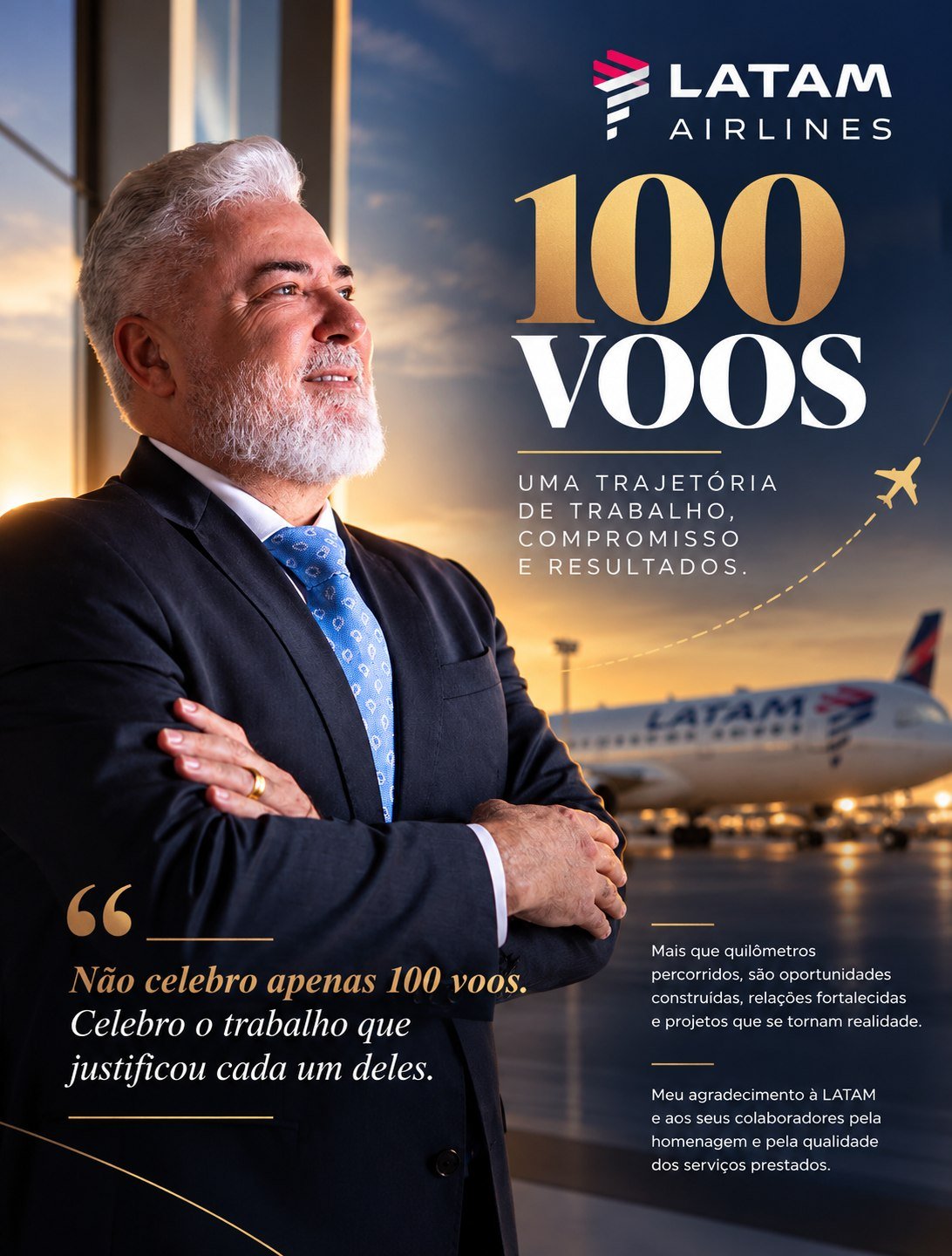 Ricardo Marques recebe homenagem da LATAM Airlines pela marca de 100 voos